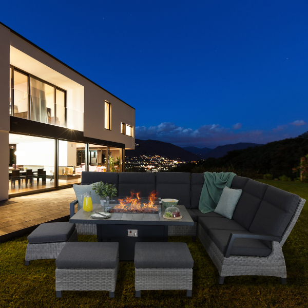 The Camilla High Back Casual Dining Firepit suite by Innovators International is a stylish and contemporary all weather garden furniture suite.