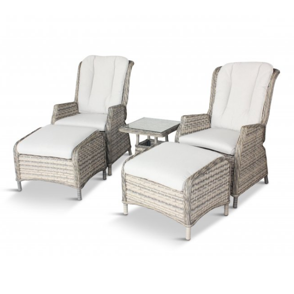 The Lyon High Back Recliner duo by Leisuregrow is an all weather wicker garden furniture suite with weather ready cushions