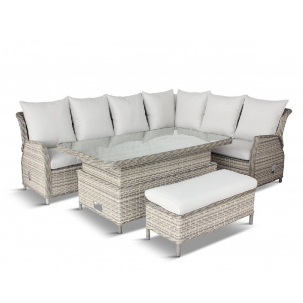 The Lyon High Back Casual Dining Suite with reclining armchairs and adjustable table is manufactured by leisuregrow and is ideal in any garden or outdoor living space with its weather ready cushions