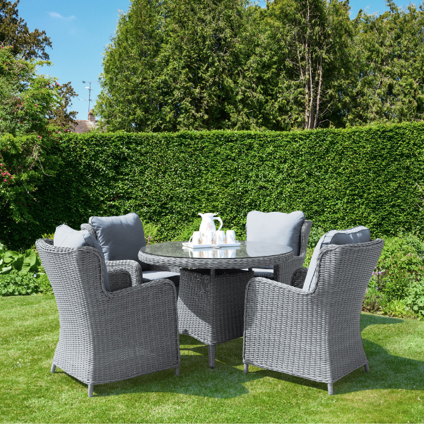 The Santorini 4 Seater Set by Sunnii Lifestyle uses grey handwoven wicker with aluminium frames to create this stunning all weather garden furniture suite