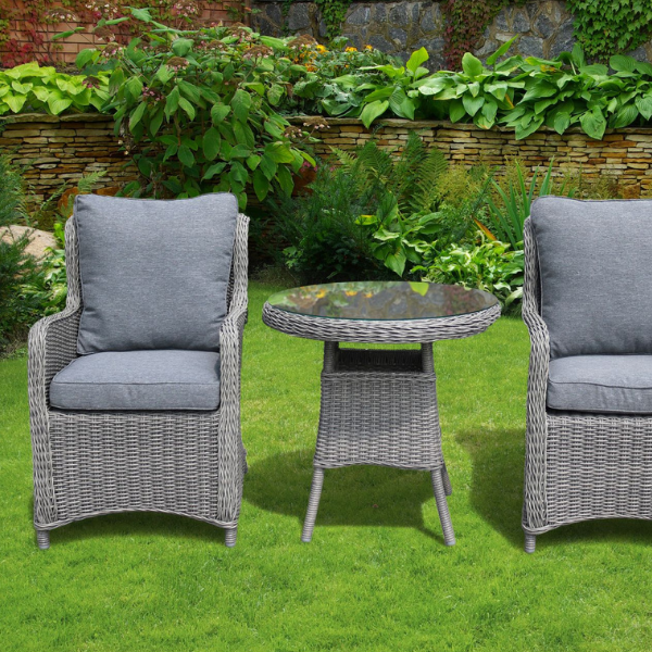 The Santorini Bistro Set by Sunnii Lifestyle uses grey handwoven wicker with aluminium frames to create this stunning all weather garden furniture suite