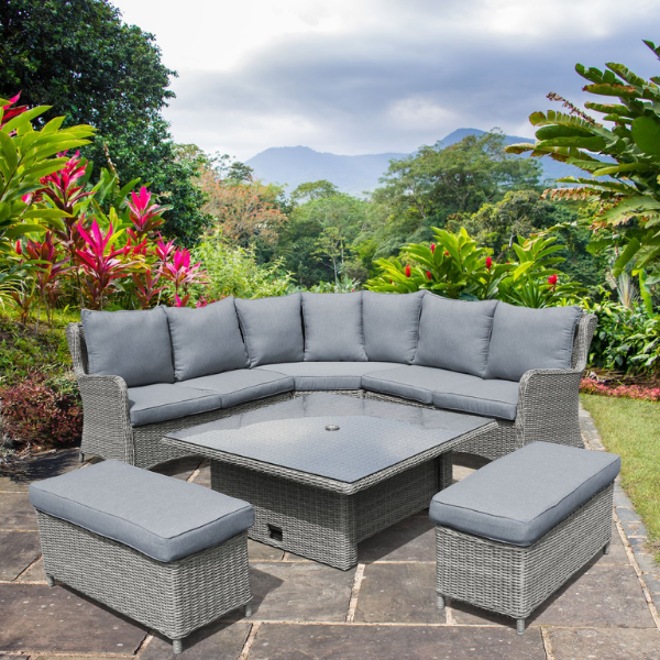 The Santorini Casual Dining Suite with Adjustable table by Sunnii Lifestyle uses grey handwoven wicker with aluminium frames to create this stunning all weather garden furniture suite