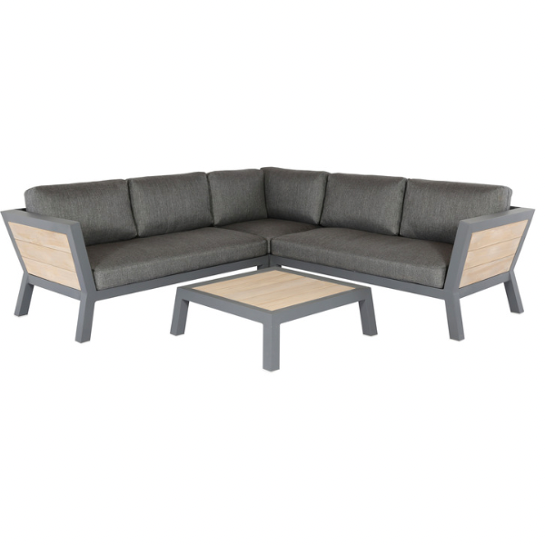 The Miami Corner Suite by Sunnii Lifestyle effortless combines metal frames with hardwood acacia to stunning effect to create this contemporary garden furniture suite