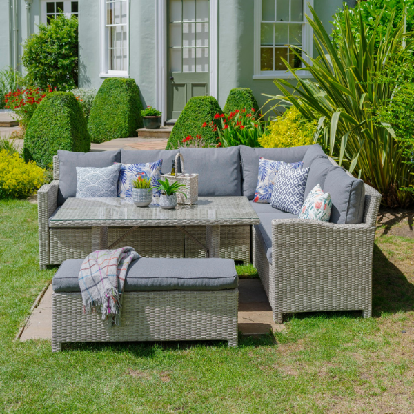 Provence Casual Dining all weather garden furniture suite by leisuregrow combines rust proof aluminium frames with durable wicker and weather ready cushions to create this stylish suite suitable for any outdoor living space